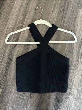 Sincerely Jules Black Ribbed Cross-Back Crop Top